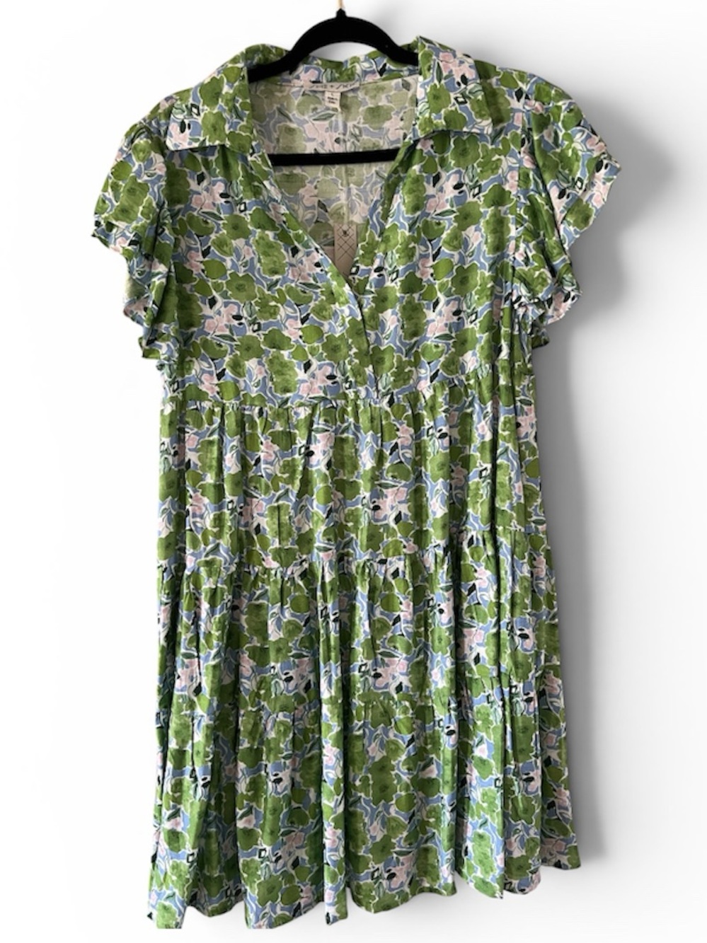 She + Sky Green Floral Mini Dress with Pink & Blue Accents
